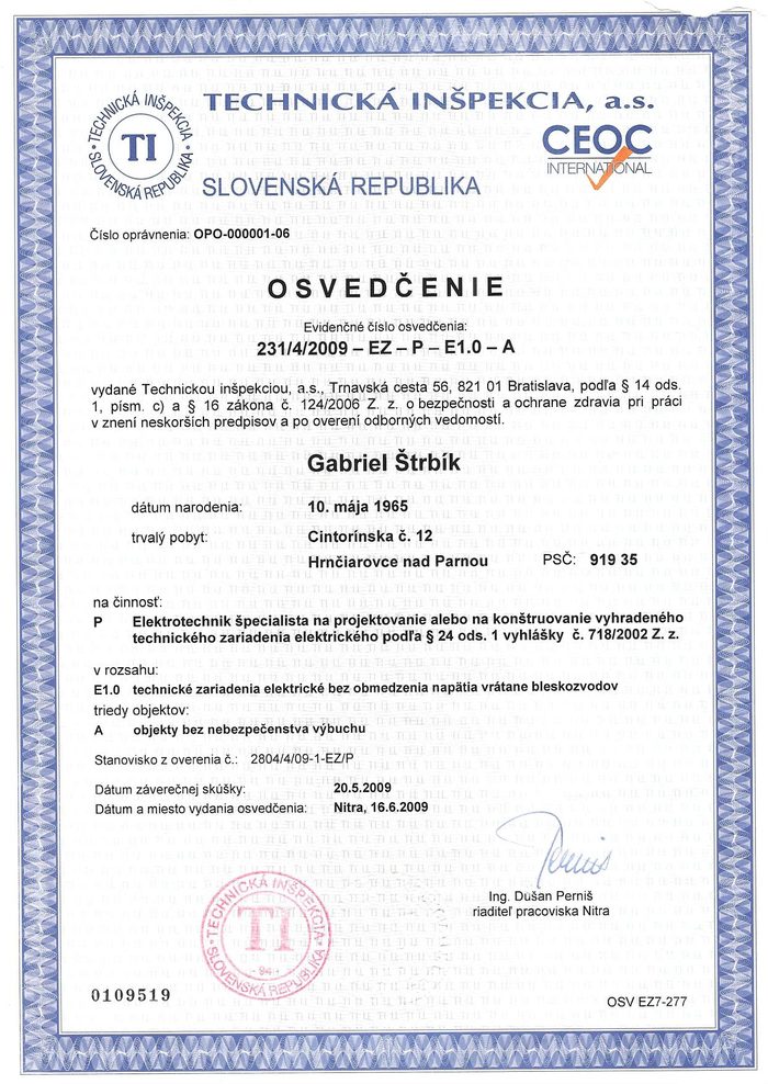 Gabriel Štrbík — elektrotechnik špecialista, projektovanie