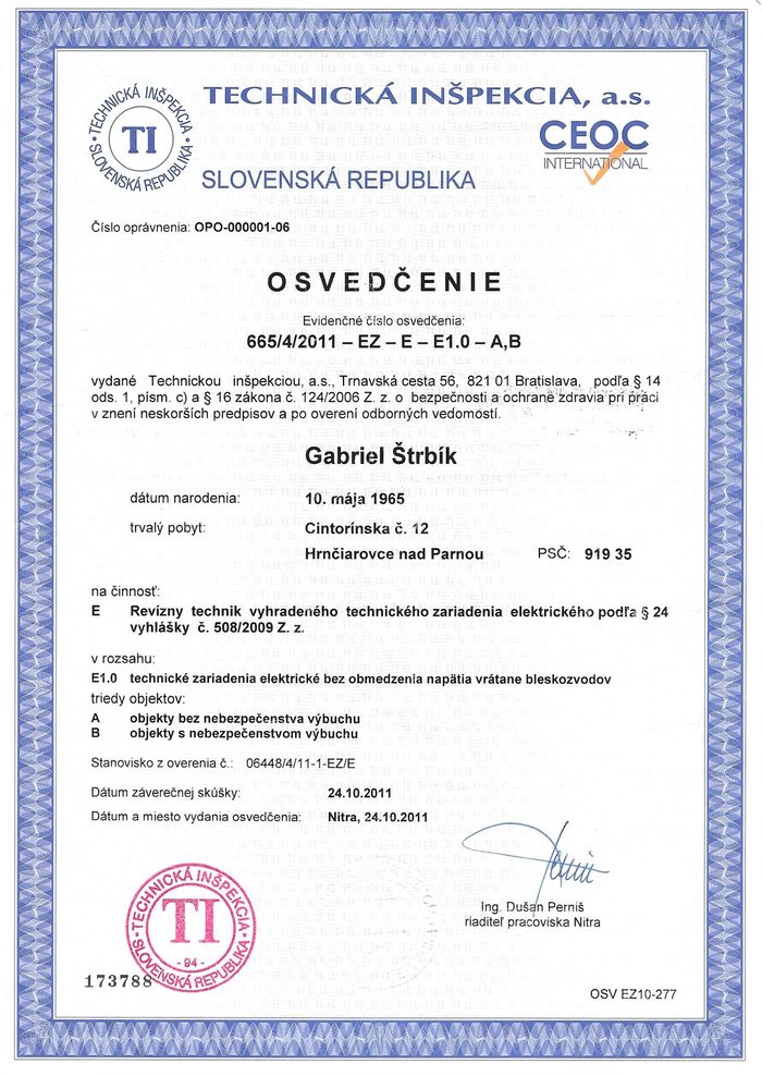 Gabriel Štrbík — revízny technik VTZ elektrického