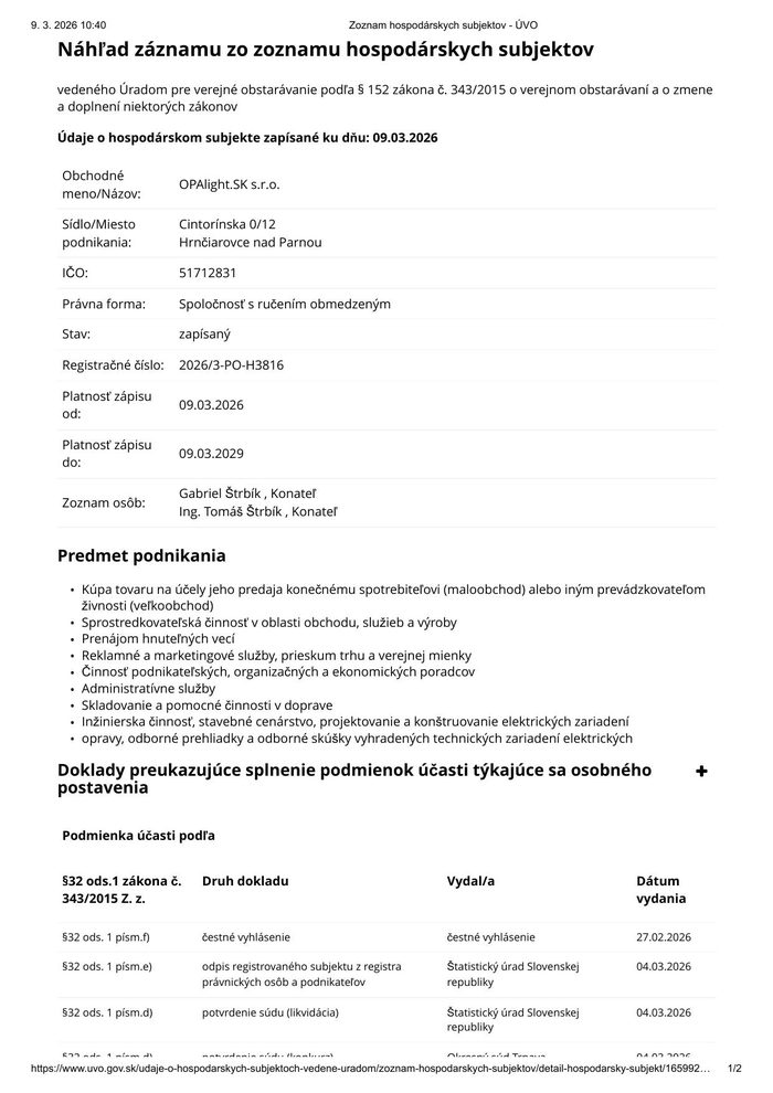 Zápis v Zozname hospodárskych subjektov